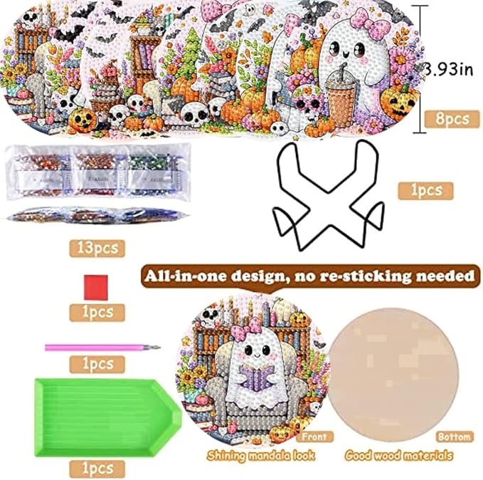 8 Pack Diamond Art Coasters, Halloween Ghost Diamond Painting Coasters Kits |