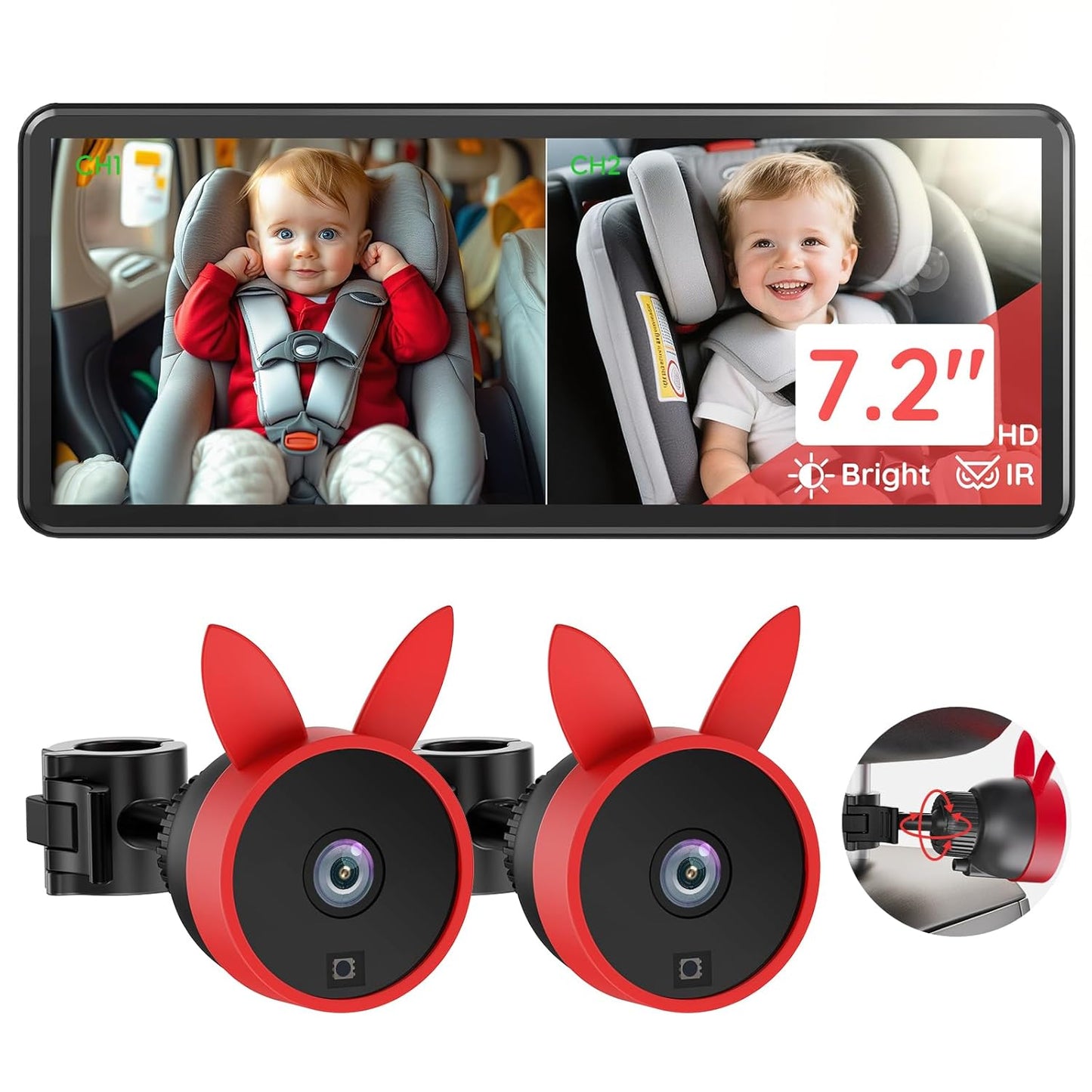 Babyvue BV3 PRO Baby Car Camera for 2 Kids - 7.2" Large HD Display Dual Channel Baby Monitor, 1080P IR Night Vision Car Seat Camera, Easy Install Rear-Facing View – Ideal for Kids and Pet Safety