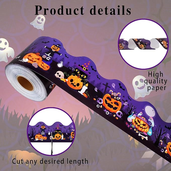 69Ft Halloween Bulletin Board Border Bat Ghost Pumpkin Cat Cobweb Funny