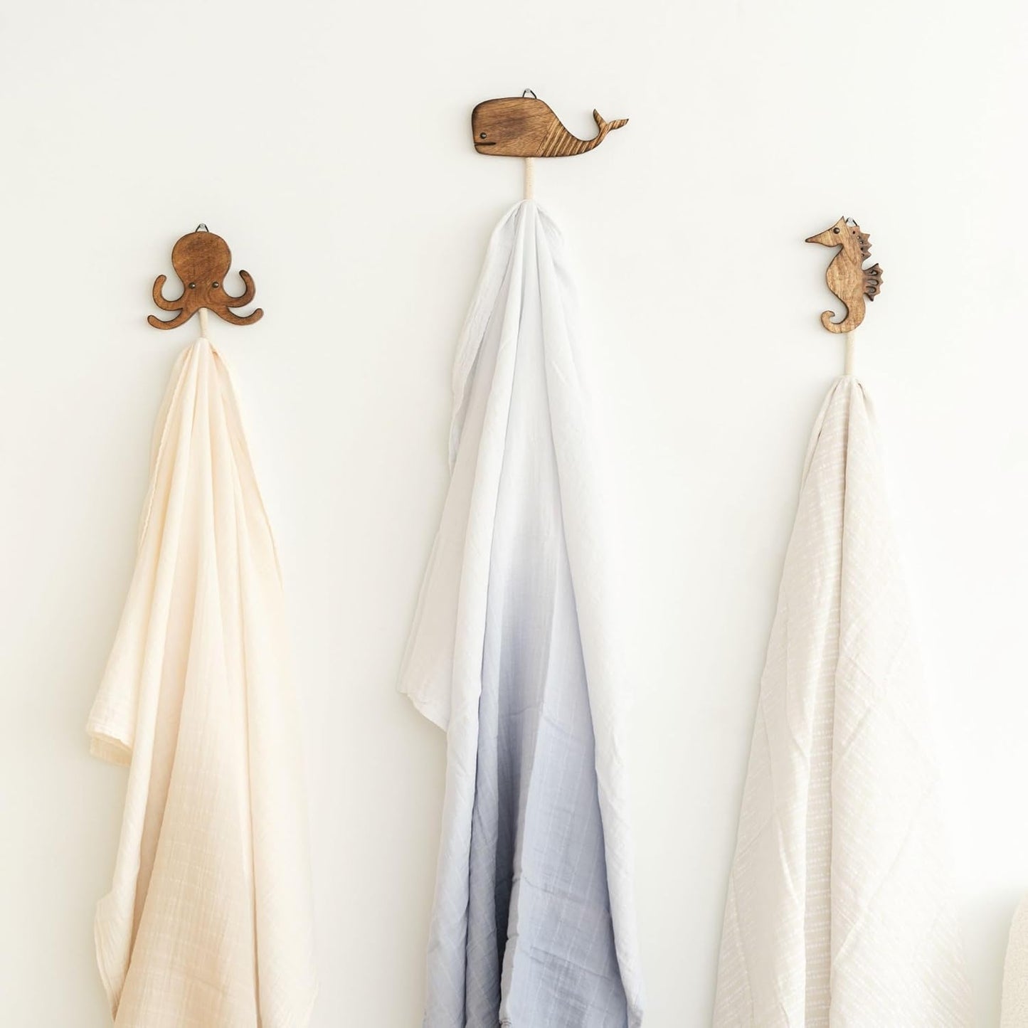 Crane Baby Sea Life Wooden Wall Hooks, Set of 4 Wood Wall Hooks, Ocean Nursery Decor, Wood Towel Hook, Kids Towel Hooks, Kids Coat Hooks, Kids Wall Hooks, Handmade Wooden Nursery Décor