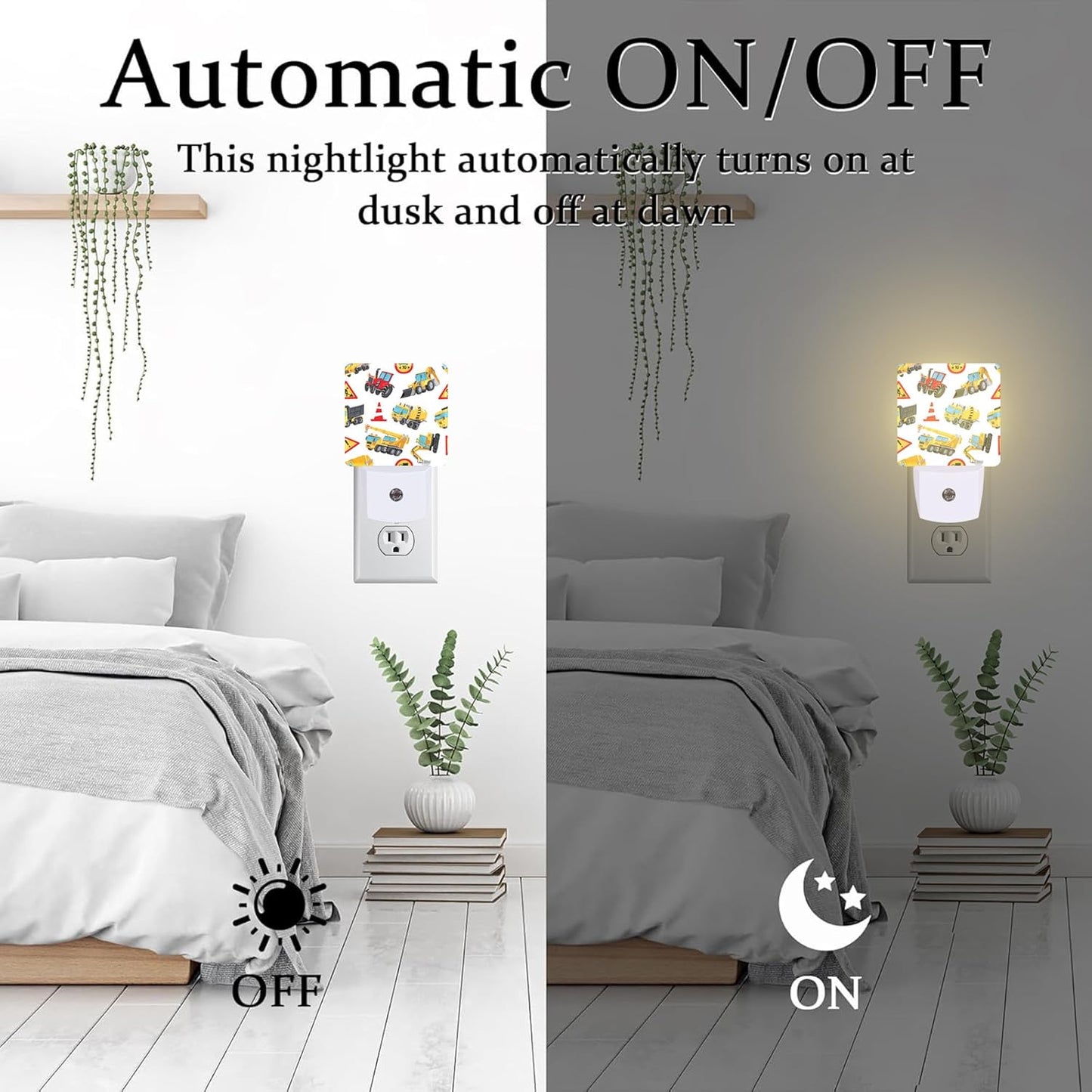 Cartoon Construction Vehicles Building Machines Night Light for Kids,Colorful Trucks Cars and Road Signs Night Light Plug in with Dusk to Dawn Sensor,0.5w Energy Saving Nightlight for Home Decor