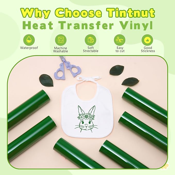 Tintnut Verdant Green Heat Transfer Vinyl, easy cut & weed, stretch washable