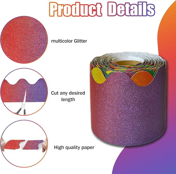 70Ft Shine Rainbow Bulletin Board Borders，Scalloped Poster Boards Decorations
