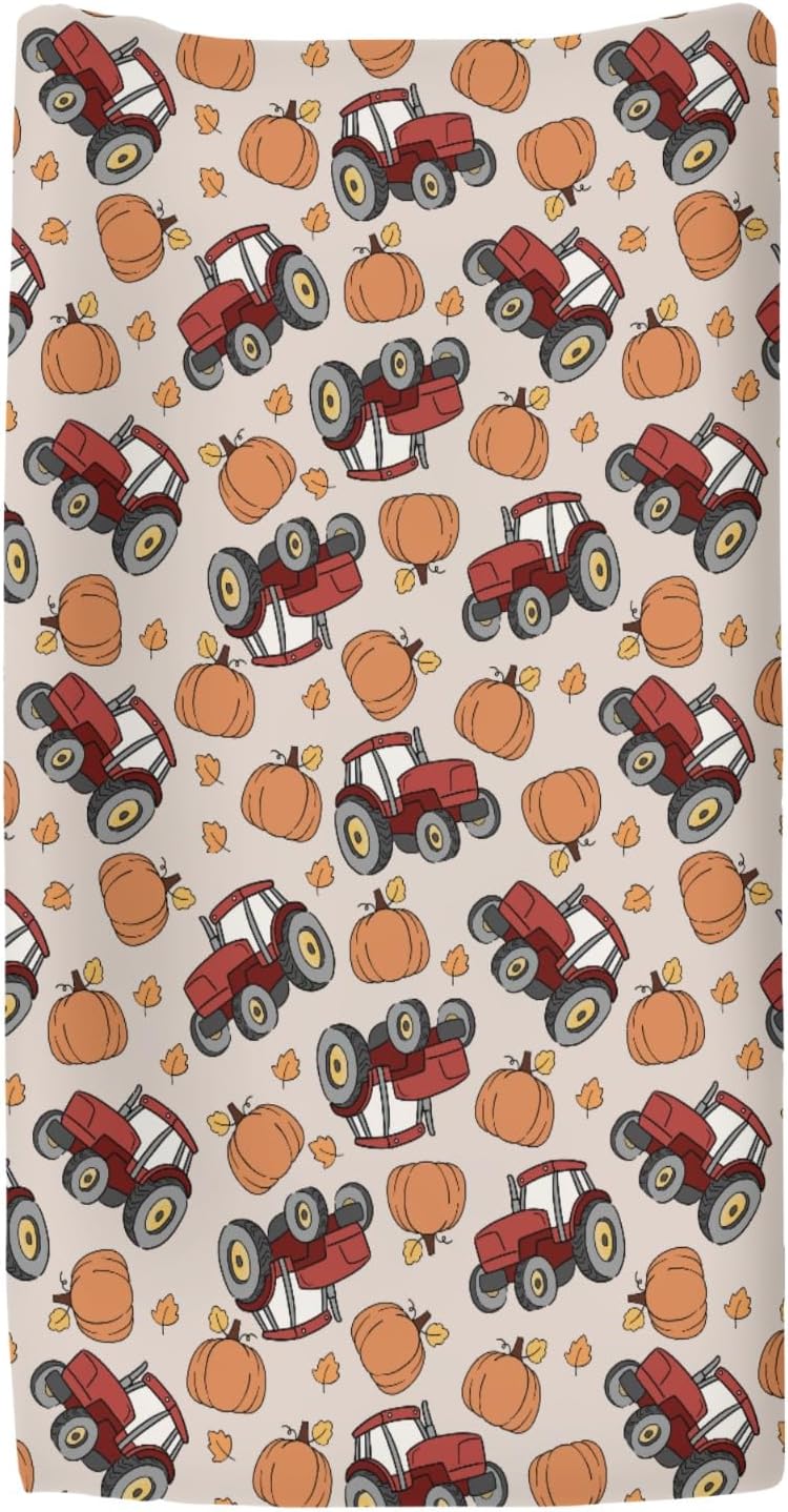 Red Tractors Pumpkins Baby Changing Pad Covers for Boy Girl Autumn Farm Trucks Harvest Fitted Change Table Mats Fall Farmhouse Vehicle Soft Diaper Changing Pad Sheets for 32''×16'' Contoured Pad