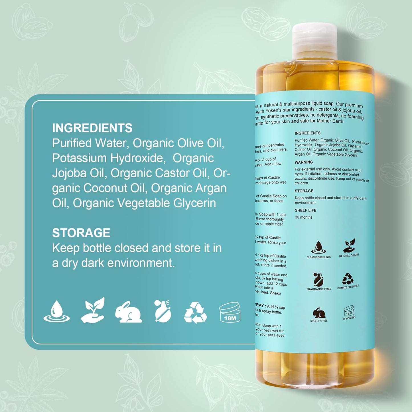 Pure Castile Soap Liquid Unscented 67 fl oz Castile Liquid Soap Made With Organic Oil, Clean & Gentle, No Palm Oil, Vegan, Natural Castille soaps for Face Body Hand Wash, Dishes Multi-purpose