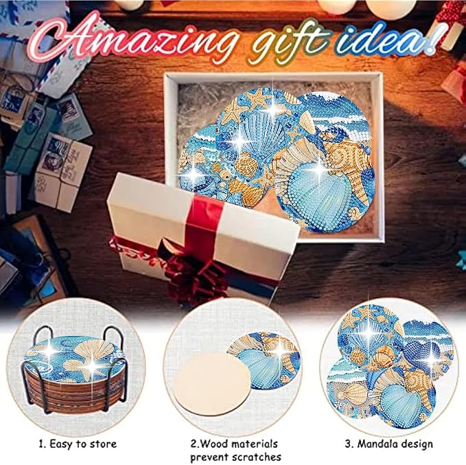 8 Pack Ocean Diamond Art Coasters, Seashell Diamond Painting Coasters Kits |