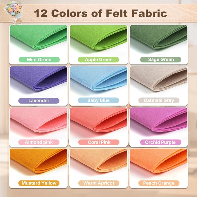 Large Stiff Felt Sheets 8"x35" – 12 Assorted Colors Felt Fabric Bundle Pack