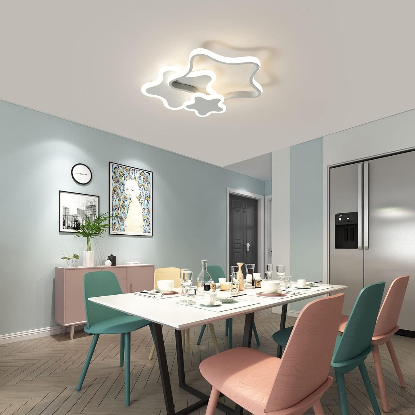 Tioolo Dimmable LED Ceiling Light, Creative Cartoon Star Ceiling Lamp, Acrylic LED Chandelier with Remote, Modern Flush Mount Chandelier Lighting Fixture for Boys Girls Bedroom Living Room, 32W/White