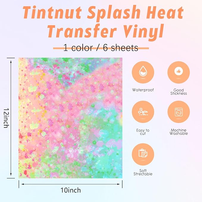 Tintnut Spring Color Splash Heat Transfer Vinyl, stretch washable, works