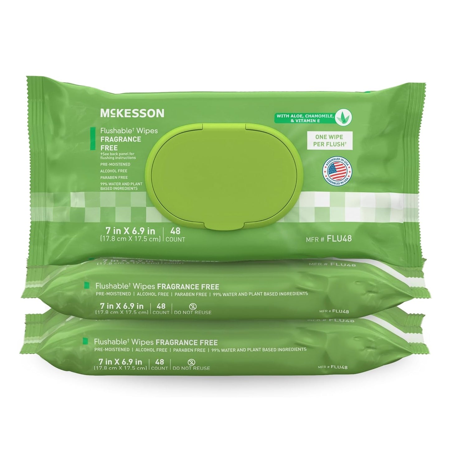 McKesson Adult Flushable Wet Wipes - 144 Count (3 Pack of 48) - Aloe & Vitamin E, Plant-Based Cleansing Wipes, Unscented