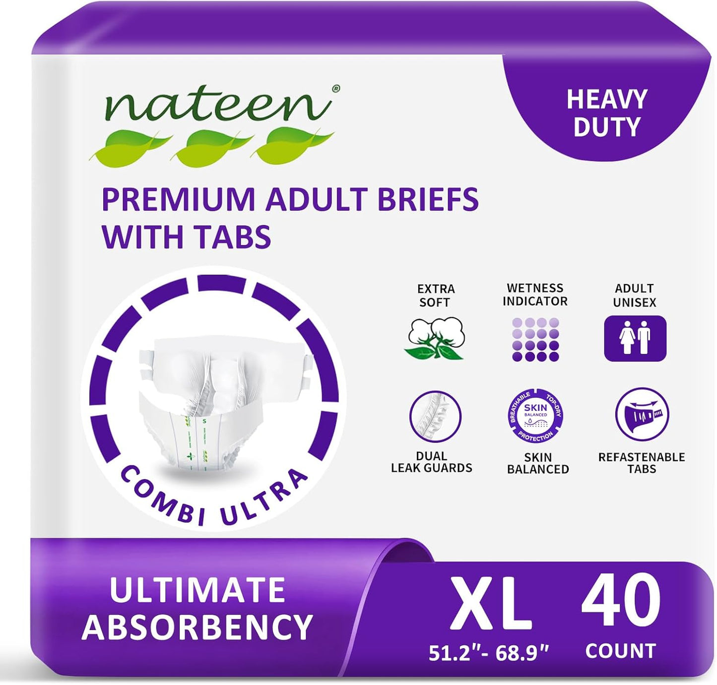 Nateen Combi Ultra Adult Diapers with Tabs for Women and Men, Ultimate Absorbency Protective Incontinence Briefs, Heavy Duty, Leakproof and Skin-Friendly Incontinence Underwear.Extra-Large, 40Count