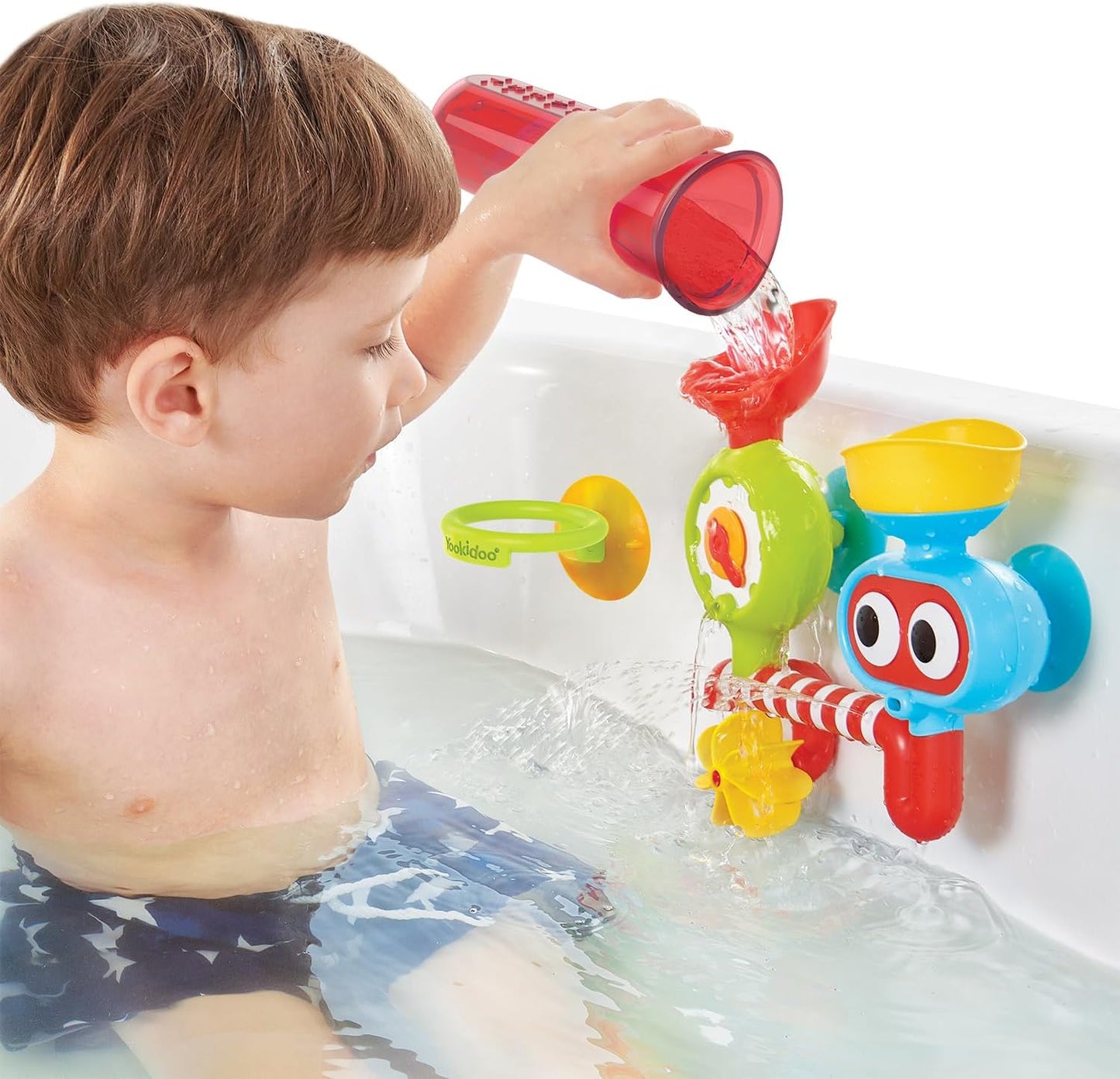 Yookidoo Baby Toddler Bath Wall Toy (Ages 1-3) Waterfall Spinning Gears & Rotating Googly Eyes - Mold Free - Attach to Any Tub or Shower - Spin N Sprinkle Water Lab - Great for Boys, Girls,& Kids