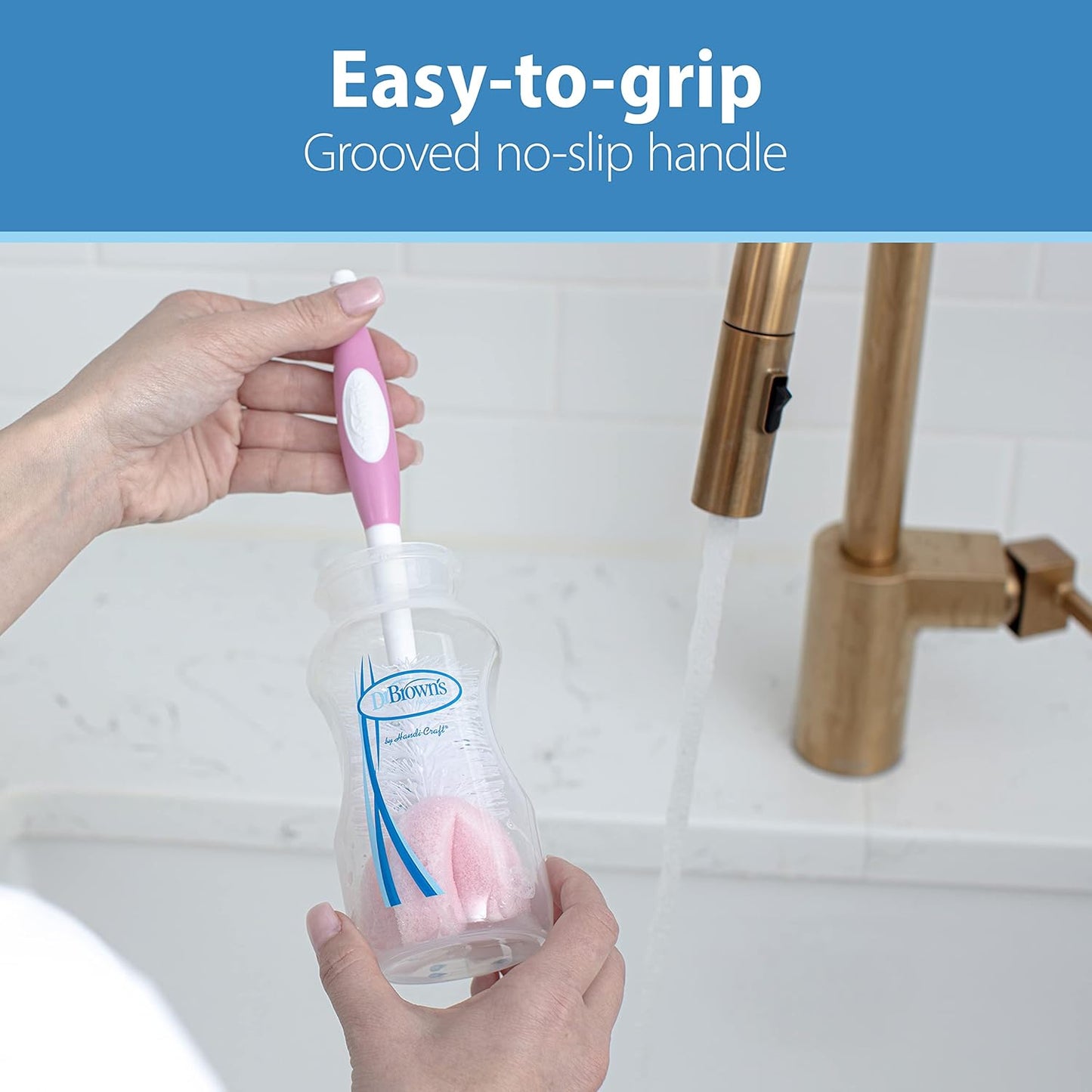 Dr. Brown's Reusable Sponge Baby Bottle Cleaning Brush Set with Suction Cup Stand, Scrubber and Nipple Cleaner, Pink, 3 Pack