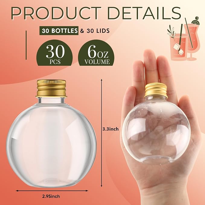 Jinei 30 Pcs 6 oz 200ml Ball Shape Plastic Sand Art Bottles Spherical Clear