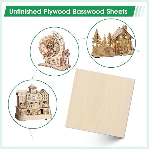 12 Pack Basswood Sheets 4"×4"×25/64" Unfinished Plywood Sheet | Smooth Thin