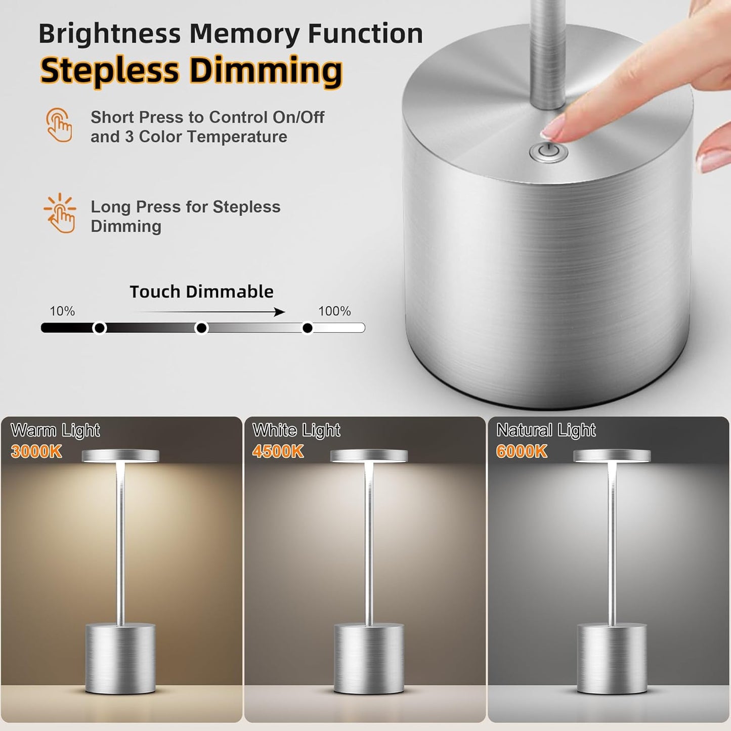 Cordless Table Lamps Rechargeable - Outdoor Portable LED Table Light 5000mAh Battery Operated Lamp 3 Color Stepless Dimming with Memory Function for Restaurant Dining Patio 2Pack Silver