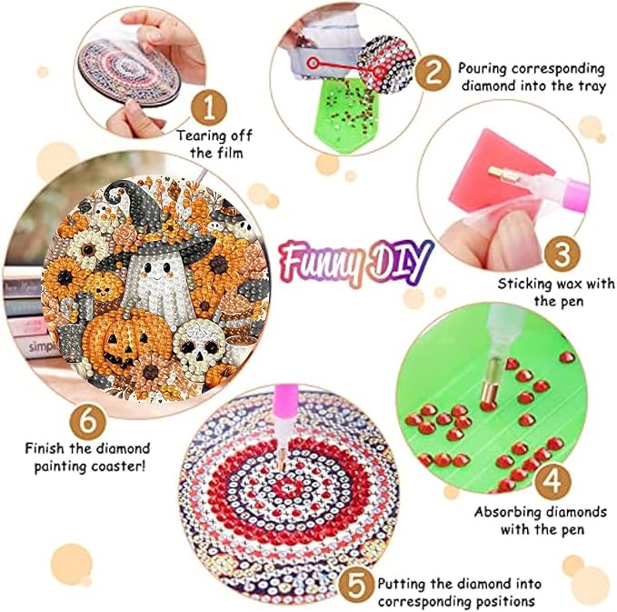 8 Pack Halloween Diamond Art Coasters, Ghost Diamond Painting Coasters Kits |
