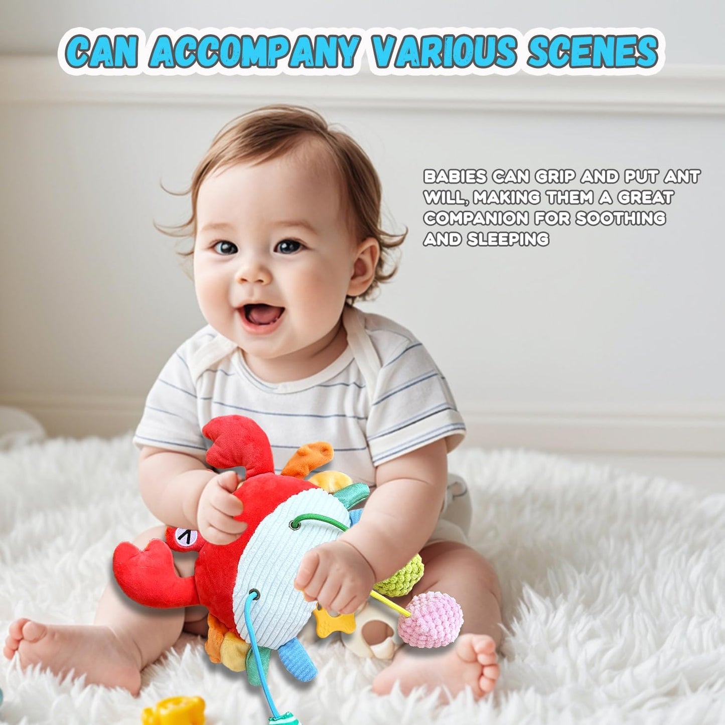 Baby Toys for 3 6 9 12 Months, Bassinet Toys for Infant & Toddlers, Crib Stroller Hanging Doll for Stimulating Baby’s Senses and Developing Motor Skills (Crab)