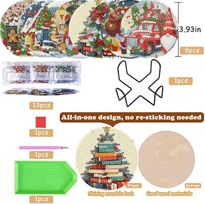 8 Pack Christmas Diamond Art Coasters, Diamond Painting Coasters Kits |