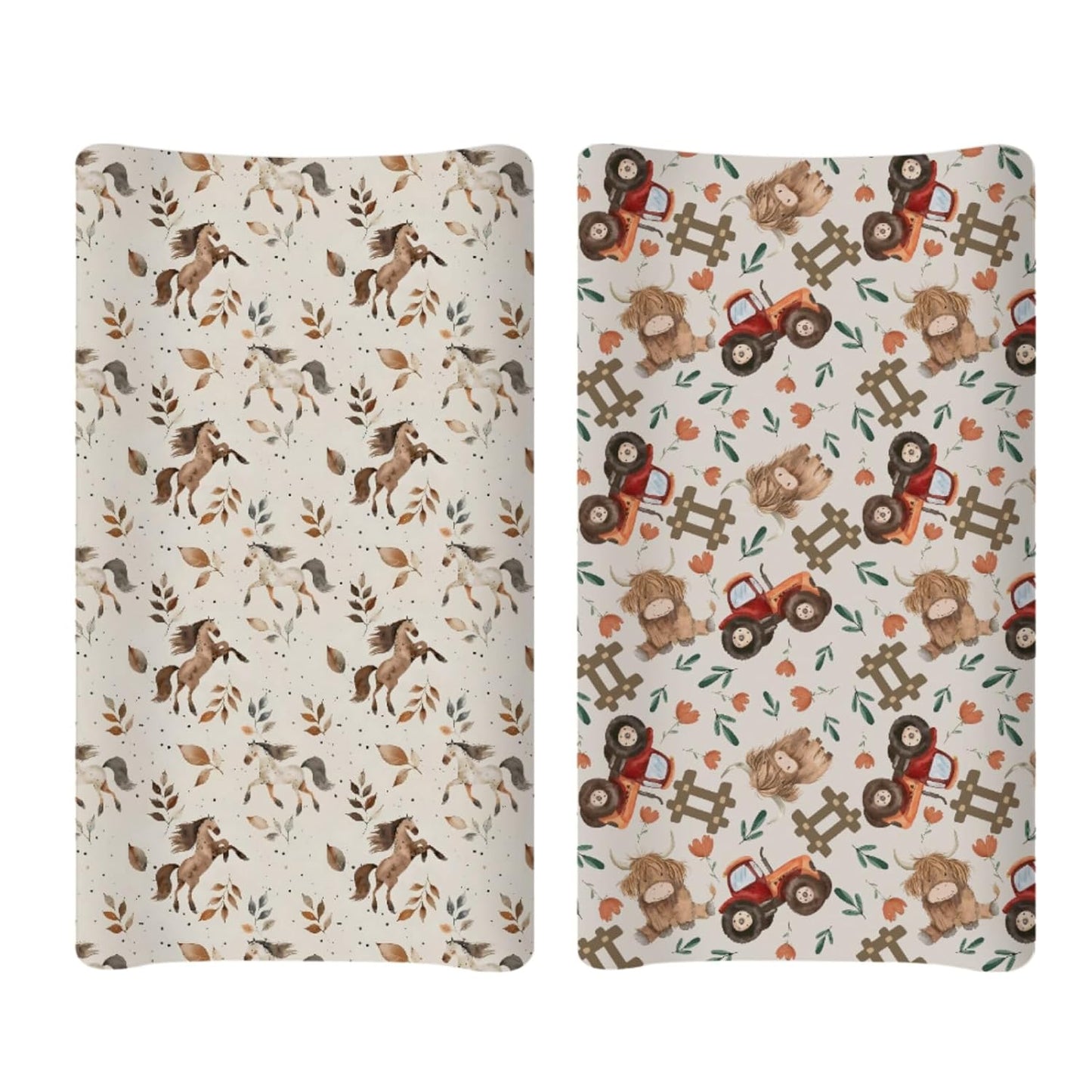 Soft 2 Pack Farm Animals Horse Leaves Highland Cow Tractor Pattern Baby Changing Pad Covers for Infant Newborn, Unisex Western Nursery Fitted Diaper Changing Table Pad Mat Sheets for Boys Girls-16x32