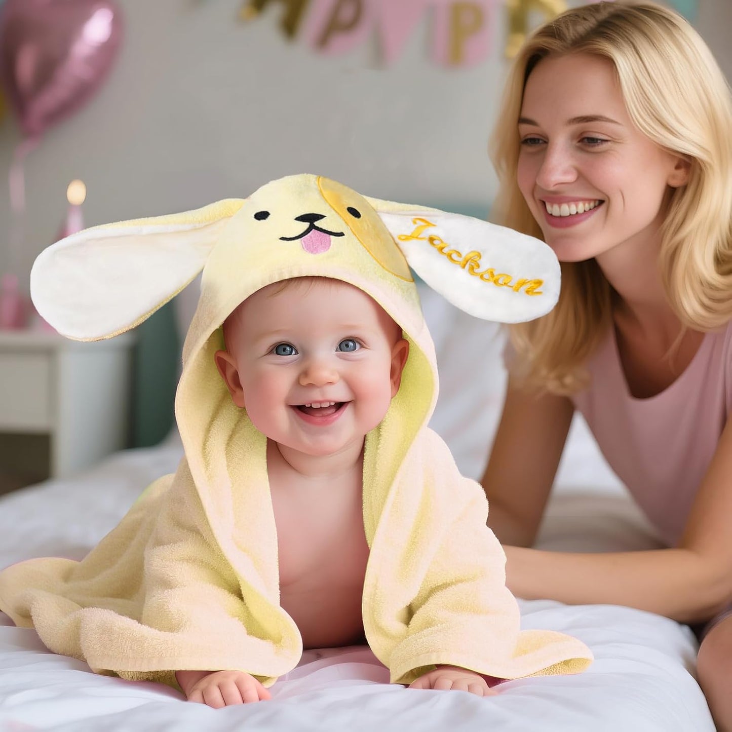 Custom Hooded Bath Towel with Name, Personalized Highly Absorbent Bunny Towels, Baby Bath Towels for Girls Boys, Brithday for Baby, Toddler, Newborn (Yellow-Dog)