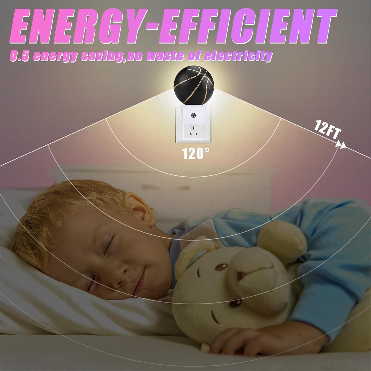 Basketball Night Light Sport Ball Night Lights LED Lamp Round Plug into Wall Nightlight with Dusk to Dawn Sensor Home Hallway Stairway Kitchen Decor