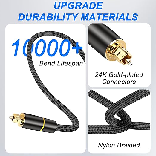 MEIRIYFA Digital Optical Audio Cable, Fiber Optical Toslink Audio Cable Male to Male Cord Nylon Braided Gold-Plated for Home Theater, Sound Bar, TV, Stereo System (1.5M)