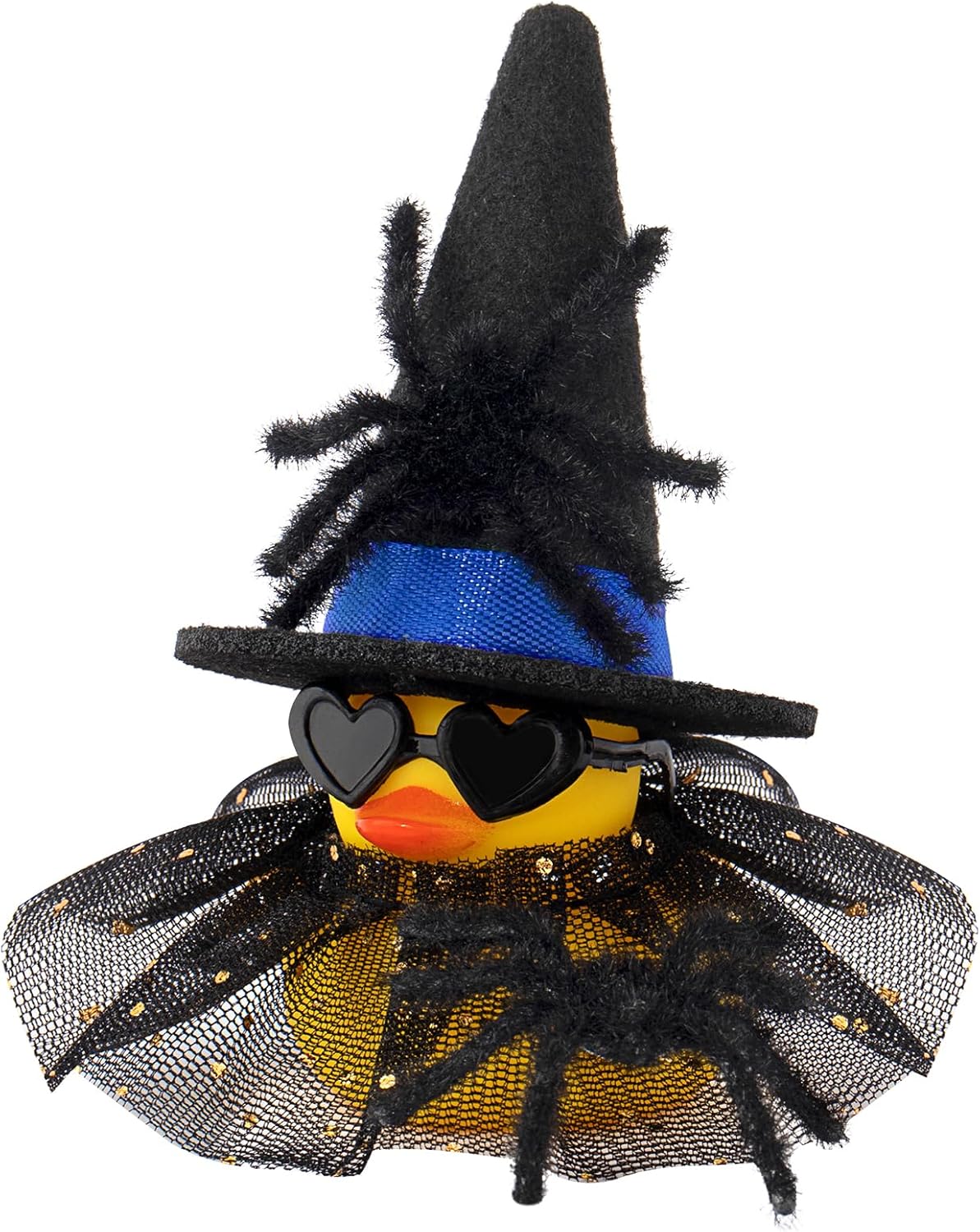 wonuu Car Dashboard Spider Witch Rubber Ducks for Halloween, Decorations Duck for Office Desk Ornament Accessories with Hat Glasses Skirt, for Halloween Party Gifts (Gold Point Skirt Blue)