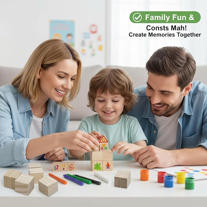 Wooden Blocks for Crafts, Unfinished Wood Cubes, 1.5 Inch Natural Wood Blocks