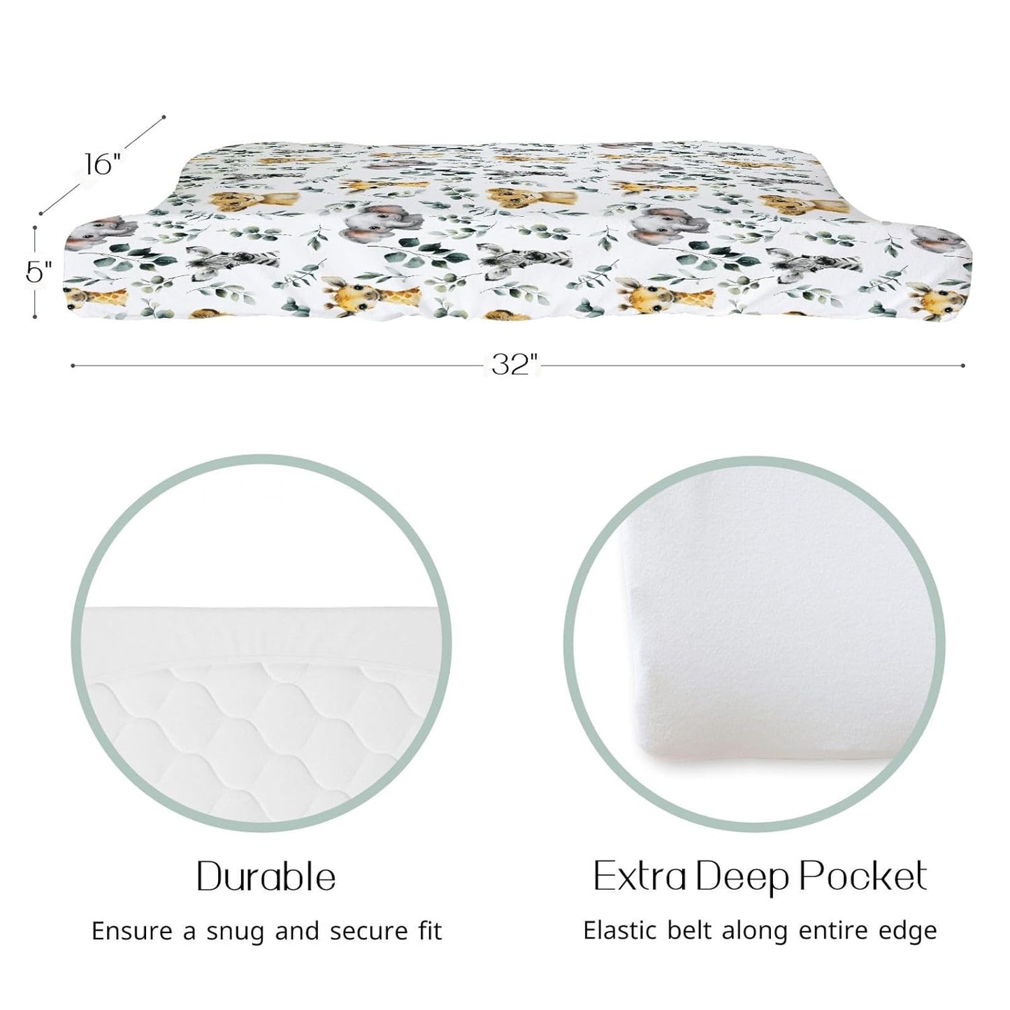 HawSkgFub African Safari Jungle Animals Eucalyptus Leaf Changing Pad Cover Baby Girls Boys, Giraffe Elephant Lion Zebra Diaper Change Table Sheet, Stretchy Safe Snug Fitted Changing Mat 32"/34" x 16"