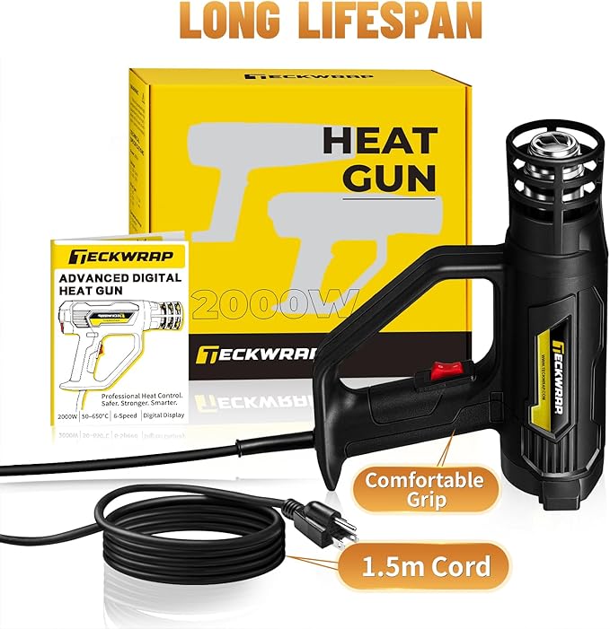 TECKWRAP Heat Gun 2000W with LCD Display, Adjustable Hot Air Gun for Vinyl Wrap, Shrink Wrap, Paint Removal & DIY Crafts (122–1202°F)