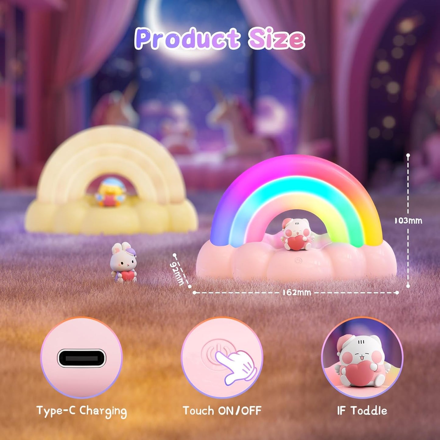 Rainbow Night Light, Kids Light with Three Modes and 30 Min Timing, LED Rechargeable Touch Control Neon Light for Kids Room, Nursery Night Light, Gift for Girls and Boys (Pink)
