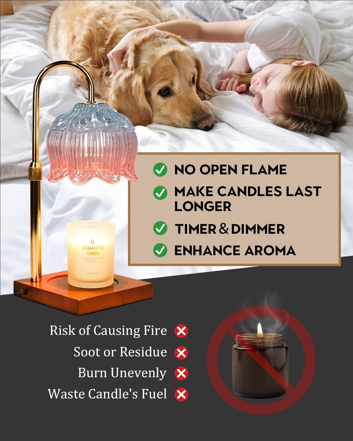 Candle Warmer Lamp with Timer & Dimmer, Candle Lamp Warmer Adjustable Height, Gifts for Women Mom Birthday Christmas, House Warming New Home Bedroom Decor,Lotus Flower Wax Warmer for Jar Candles