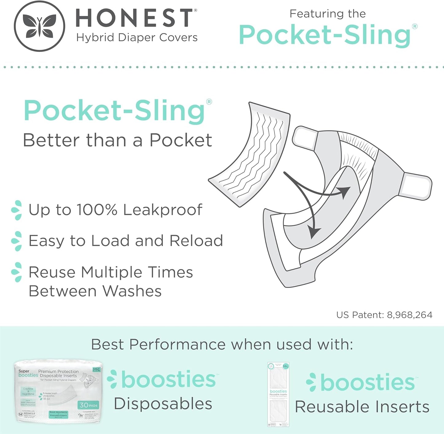 Super Boosties 90ct + Honest Hybrid Cloth Diaper Cover with Pocket-Sling, Large (22-40 lbs), Stops Nighttime Leaks, Boosties Disposable Diaper Inserts, Honest Cotton Muslin Covers, 3 Pack