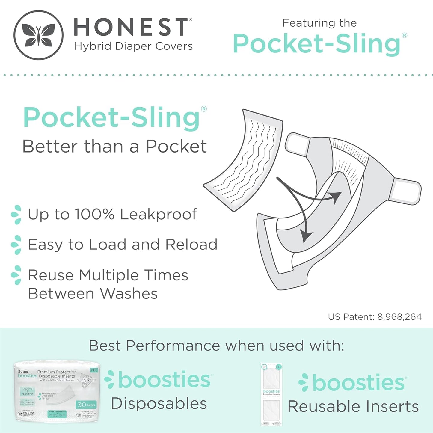 Honest Hybrid Cloth Diaper Covers with Pocket-Sling, Small (8-15 lbs), Stops Nighttime Leaks, Use with Boosties Disposable Diaper Pad or Reusable Insert, 3 Pack of Cotton Muslin Covers