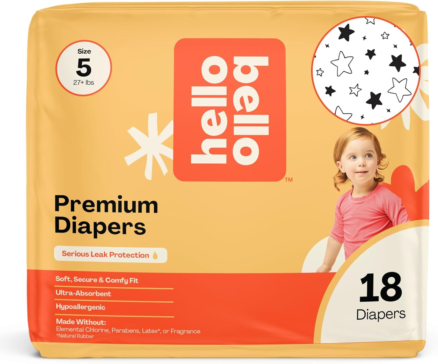 Hello Bello Diapers, Size 5 (27 lbs) Superstars, 18 Count of Premium Disposable Baby Diapers, Hypoallergenic with Soft, Cloth-Like Feel