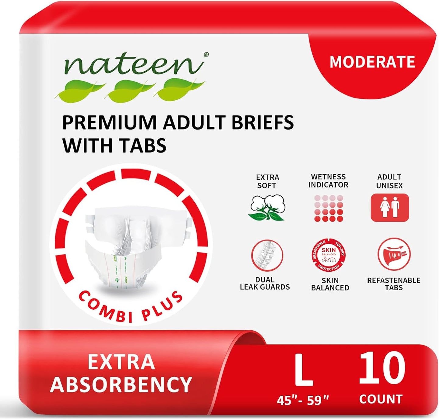 Nateen Combi Plus Adult Diapers with Tabs for Women and Men, Extra Absorbency Disposable Incontinence Briefs, Leakproof and Skin-Friendly Incontinence Underwear.Large, 10Count