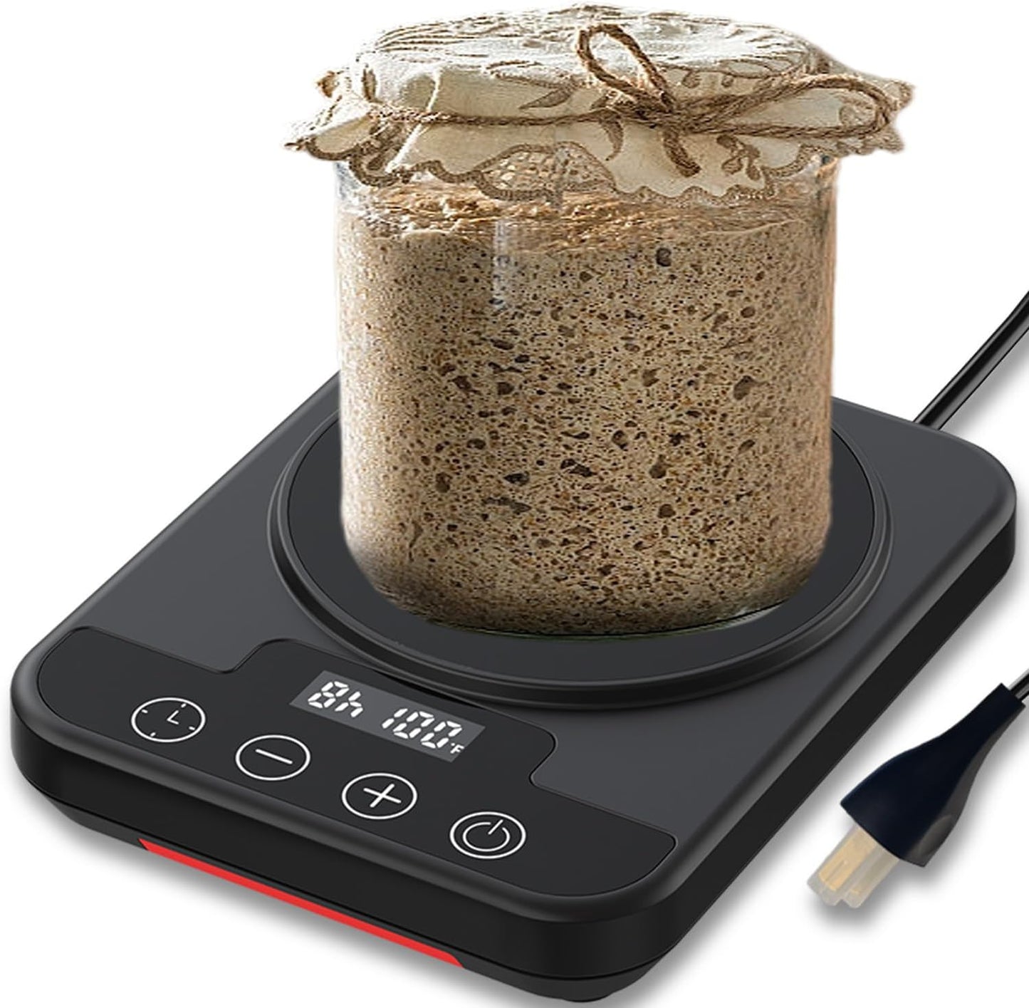 Sourdough Starter Warmer Mat, 12H Timer Warming Heating Pad, Precise 1°F Thermostat Control (70-100°F), Smart Memory Warming On/Off, Fits Jars Up to 40oz, Perfect for Home Baking (Black)