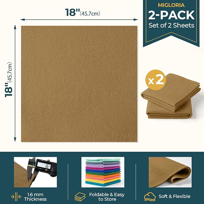 Felt Fabric Sheet 18 x 18 Inch, 1.6mm Thick | Soft and Flexible Nonwoven