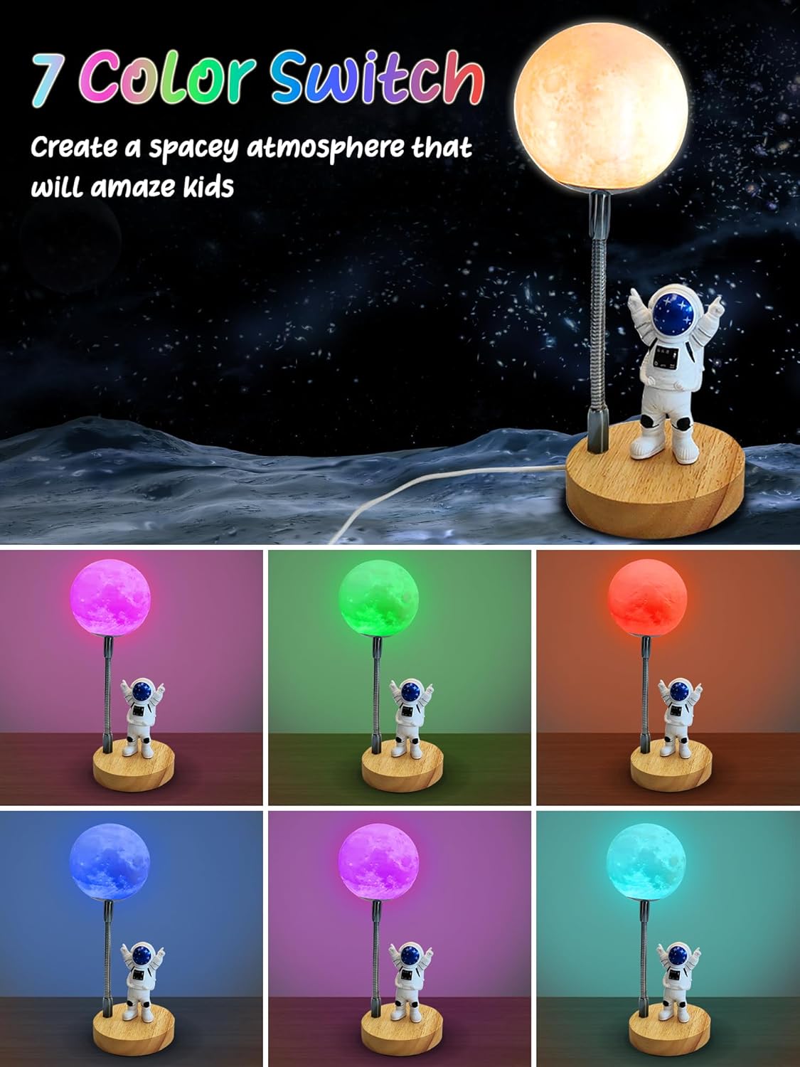 Moon Lamp for Kids,Astronaut Light 7 Color Space Night Light,3D Moon Light Nursery Bedroom Space Themed Decor Table Lamp,Birthday Gifts for Boys Girls