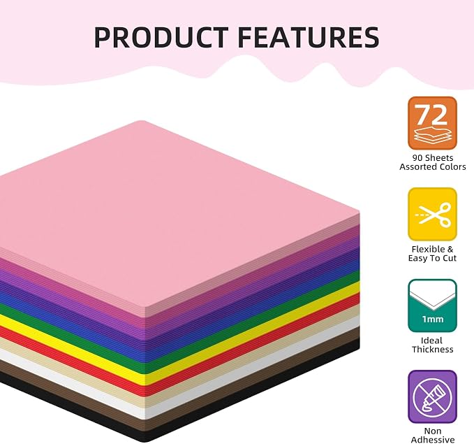 72 Pack Foam Sheets, 8x8IN 12 Color Foam Paper 1MM Foam Craft Sheets