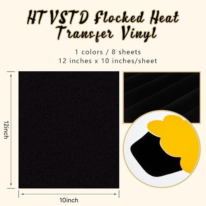 HTVSTD Black Flock HTV Heat Transfer Vinyl 8pcs 12×10in Iron on Vinyl |