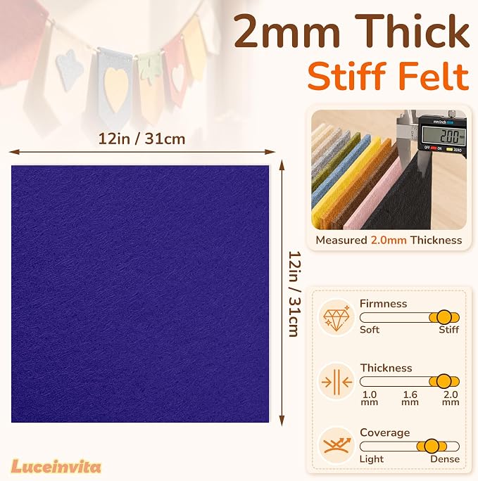 2mm Stiff Felt Sheets 12" X 12" | Thick Polyester Felt Material, DIY Craft
