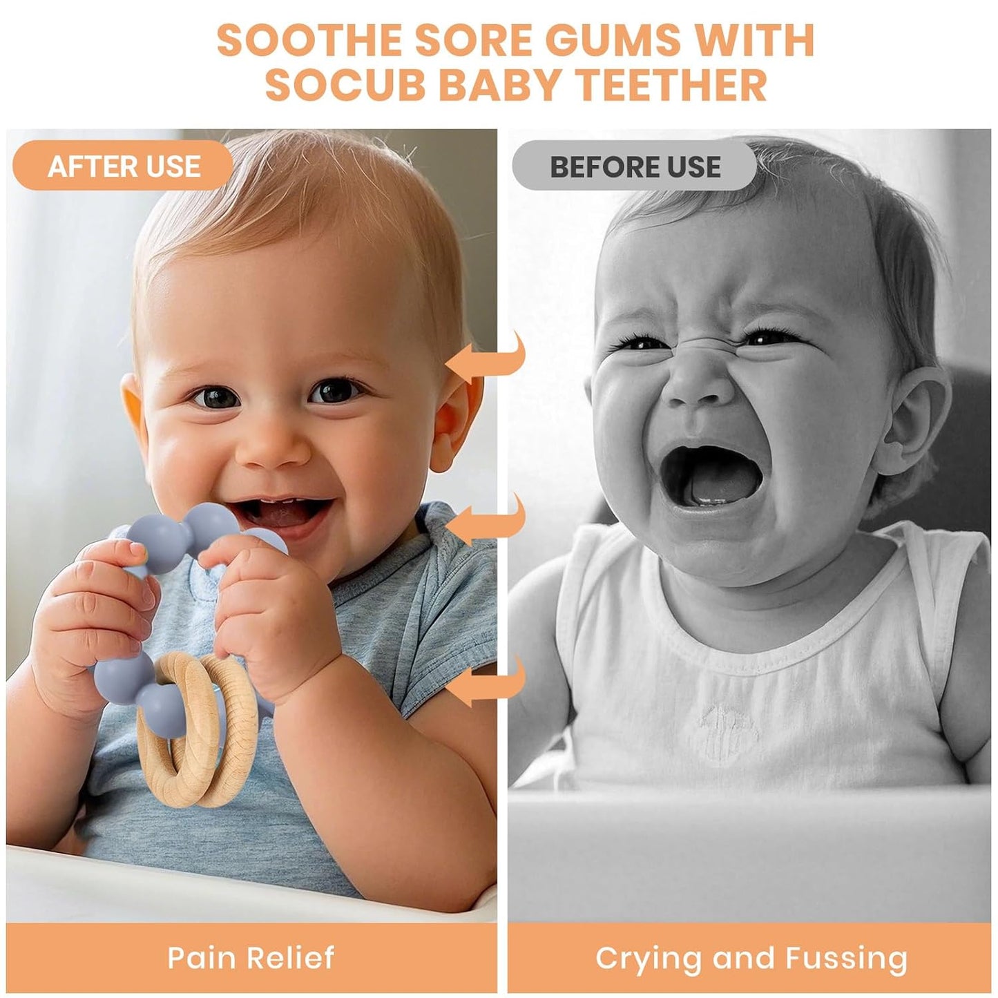 Socub Baby Teething Toys for 0-6 6-12 Months | BPA-Free Food-Grade Silicone & Natural Beech Wood Teether Ring for Newborn Infants Teething Relief | Easy-Grip Sensory Rattle Toys(Tradewinds)