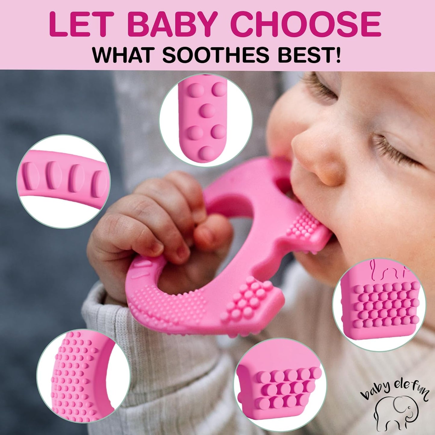 Baby Elefun Baby Teething Toys 5X Pain Relief Zero Delay 0-6 Months Pink