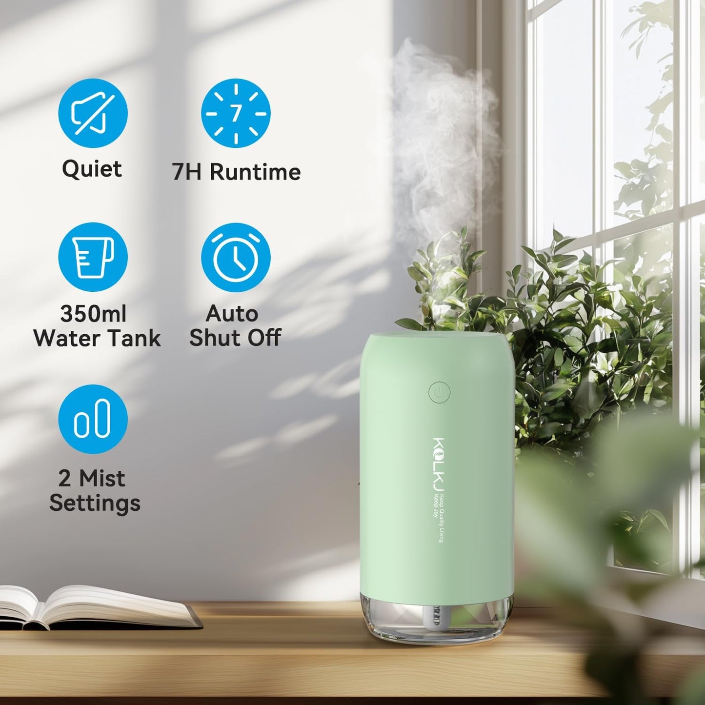 Portable Mini Humidifier, KQLKJ 350ml Small Cool Mist Humidifiers, USB Personal Desktop Humidifier for Bedroom Car Office Travel with Auto Shut-Off & 2 Mist Modes (Green)