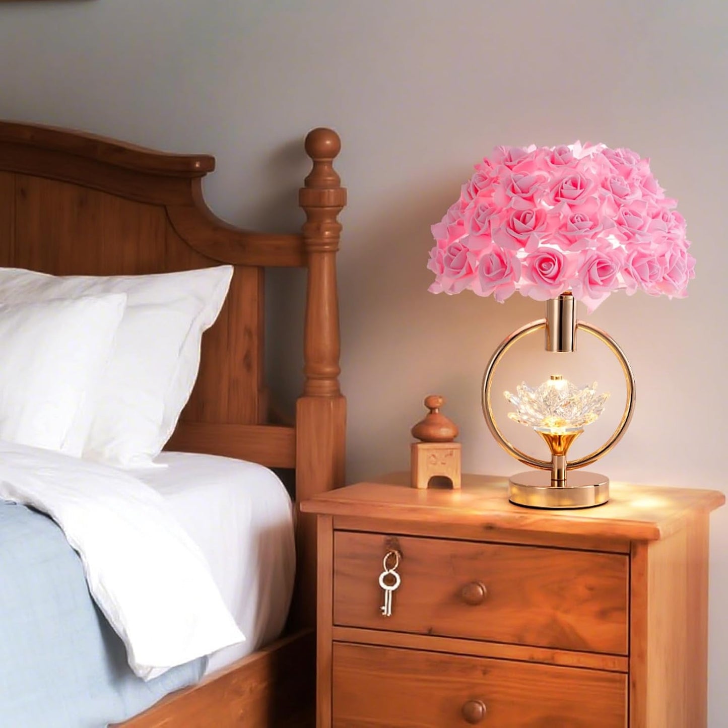 Modern Pink Rose Table Lamp with Crystal Romantic Flower Bedside Lamp Princess Nightstand Lamp Creative Desk Light for Girl Bedroom Living Room Entry Hotel Wedding 17IN