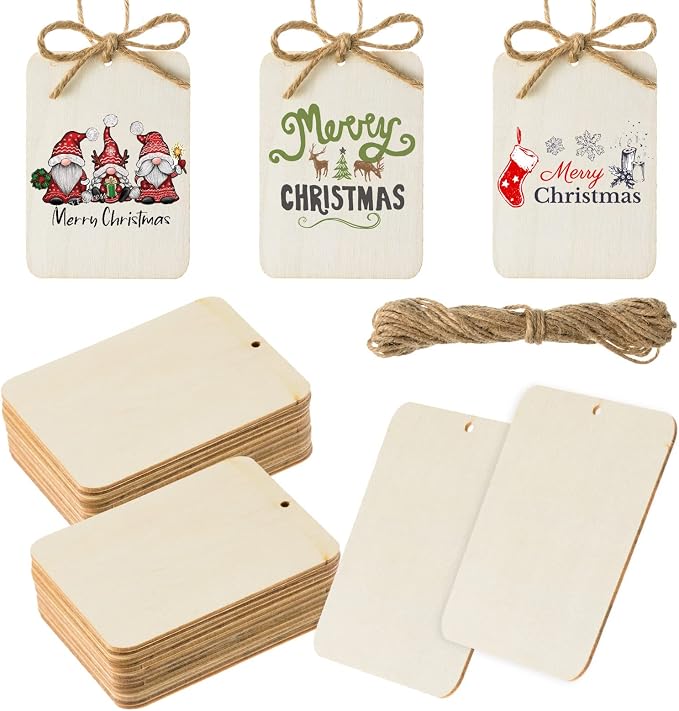 60 Pcs Wooden Tags 2.5 x 3.5 Inch Unfinished Wood Pieces Rectangle Square