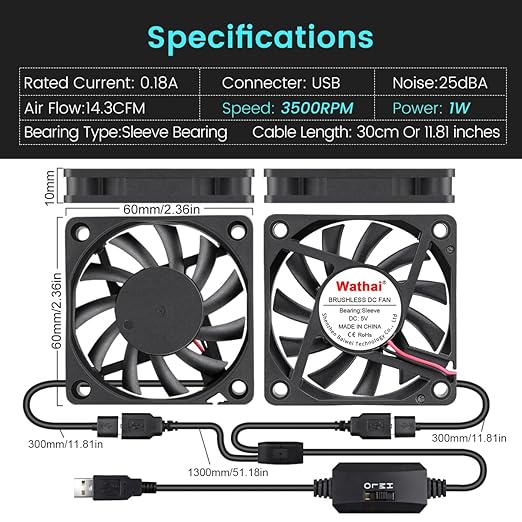 2 Packs Wathai 60mm x 10mm USB Computer Fan 5V with Speed Control DC Brushless Cooling Fans for Charger PC Case Router Raspberry Pi Radiator Cooler Ventilation