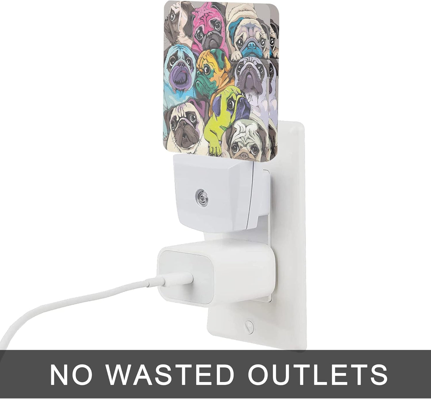 Dog Night Light,Colorful Pugs Dogs Night Lights Plug into Wall with Dusk to Dawn Light Sensors 0.5W Dim Lamp for Bedroom